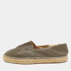 Pre Owned Chanel Olive Green Leather CC Cap Toe Logo Espadrille Flats Size 41