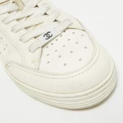 Pre Owned Chanel White Perforated Leather CC Low Top Sneakers Size 39.5