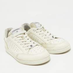 Pre Owned Chanel White Perforated Leather CC Low Top Sneakers Size 39.5