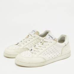 Pre Owned Chanel White Perforated Leather CC Low Top Sneakers Size 39.5