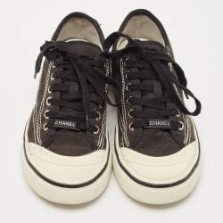 Chanel Black Canvas CC Cap Top Lace Up Sneakers Size 38