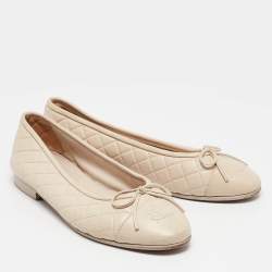 Chanel Cream Quilted Leather CC Bow Ballet Flats Size 36.5