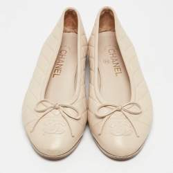 Chanel Cream Quilted Leather CC Bow Ballet Flats Size 36.5