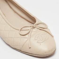 Chanel Cream Quilted Leather CC Bow Ballet Flats Size 36.5