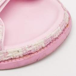 Chanel Pink/White Tweed and Leather CC Dad Flat Sandals Size 38.5
