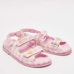 Chanel Pink/White Tweed and Leather CC Dad Flat Sandals Size 38.5