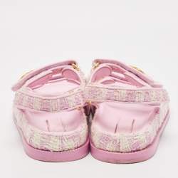 Chanel Pink/White Tweed and Leather CC Dad Flat Sandals Size 38.5