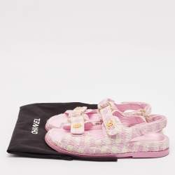 Chanel Pink/White Tweed and Leather CC Dad Flat Sandals Size 38.5