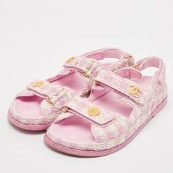 Chanel Pink/White Tweed and Leather CC Dad Flat Sandals Size 38.5