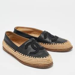 Chanel Beige/Black Leather and Raffia CC Espadrille Flats Size 36