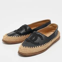 Chanel Beige/Black Leather and Raffia CC Espadrille Flats Size 36