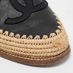 Chanel Beige/Black Leather and Raffia CC Espadrille Flats Size 36