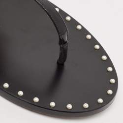 Pre Owned Chanel Black Patent and Leather CC Pearl Embellished Flat Thong Sandals Size 39.5