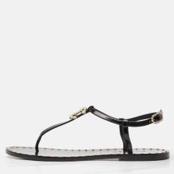 Pre Owned Chanel Black Patent and Leather CC Pearl Embellished Flat Thong Sandals Size 39.5