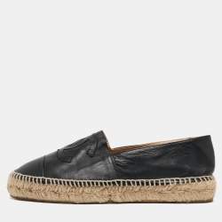 Chanel Black Leather CC Cap Toe Espadrille Flats Size 39