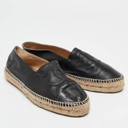 Chanel Black Leather CC Cap Toe Espadrille Flats Size 39
