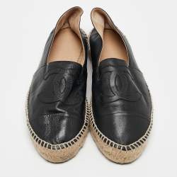 Chanel Black Leather CC Cap Toe Espadrille Flats Size 39