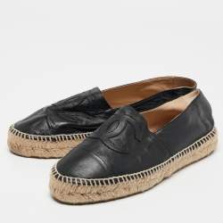 Chanel Black Leather CC Cap Toe Espadrille Flats Size 39