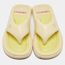 Pre Owned Chanel Yellow Leather Interlocking CC Logo Flip Flops Sandals Size 39