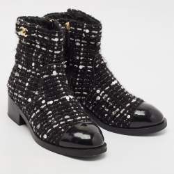 Pre Owned Chanel Multicolor Tweed Fabric And Leather Ankle Combat Boots Size 39