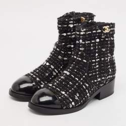 Pre Owned Chanel Multicolor Tweed Fabric And Leather Ankle Combat Boots Size 39