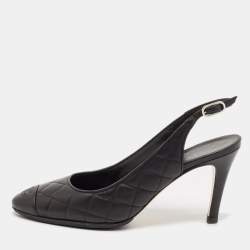 Pre Owned Chanel Black Quilted Leather CC Cap Toe Slingback Pumps Size 38.5