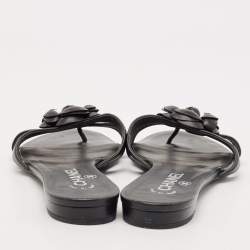 Chanel Black Leather Camellia Accent Slides Size 39