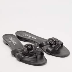 Chanel Black Leather Camellia Accent Slides Size 39