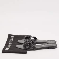 Chanel Black Leather Camellia Accent Slides Size 39