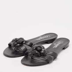 Chanel Black Leather Camellia Accent Slides Size 39