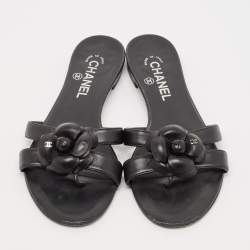 Chanel Black Leather Camellia Accent Slides Size 39