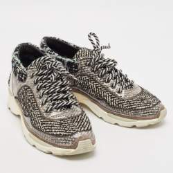 Chanel Multicolor Tweed Fabric And Leather CC Lace Up Sneakers Size 38.5