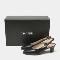 Pre Owned Chanel Black Leather Cap Toe Slingback Pumps Size 37.5