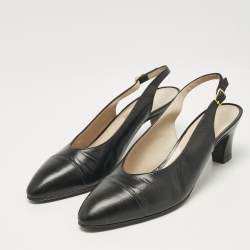 Pre Owned Chanel Black Leather Cap Toe Slingback Pumps Size 37.5
