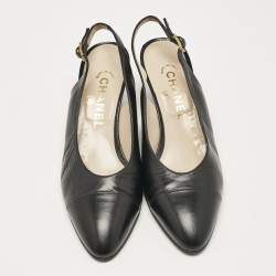Pre Owned Chanel Black Leather Cap Toe Slingback Pumps Size 37.5