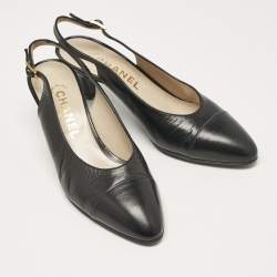 Pre Owned Chanel Black Leather Cap Toe Slingback Pumps Size 37.5