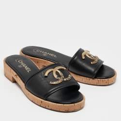 Chanel Black Leather CC Cork Slide Sandals Size 39