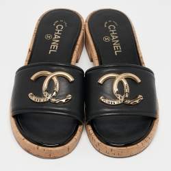 Chanel Black Leather CC Cork Slide Sandals Size 39
