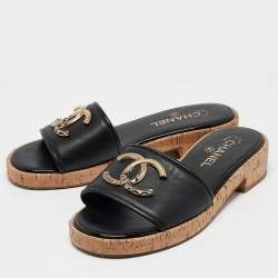 Chanel Black Leather CC Cork Slide Sandals Size 39