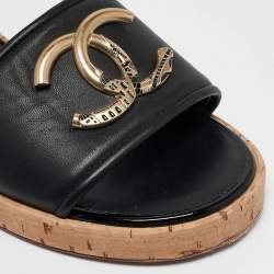 Chanel Black Leather CC Cork Slide Sandals Size 39