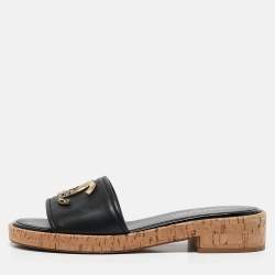 Chanel Black Leather CC Cork Slide Sandals Size 39