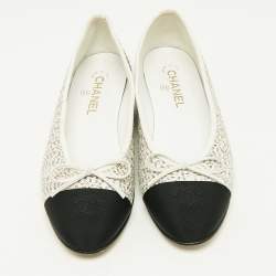 Chanel White/Black Canvas and Sequins CC Ballet Flats Size 40