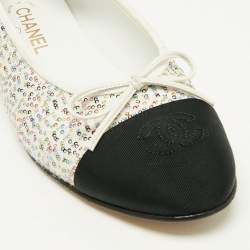 Chanel White/Black Canvas and Sequins CC Ballet Flats Size 40