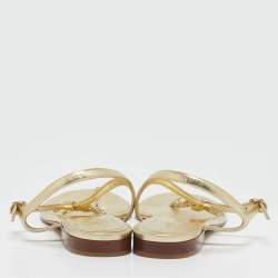 Chanel Gold Leather CC Pearl Embellished Flat Thong Sandals Size 39.5