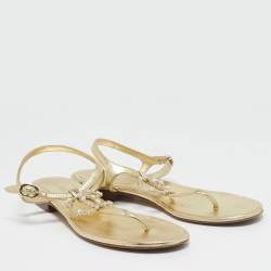 Chanel Gold Leather CC Pearl Embellished Flat Thong Sandals Size 39.5