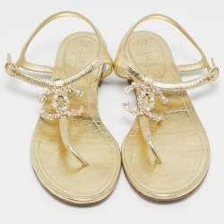 Chanel Gold Leather CC Pearl Embellished Flat Thong Sandals Size 39.5