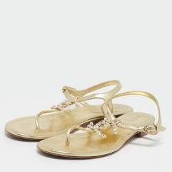 Chanel Gold Leather CC Pearl Embellished Flat Thong Sandals Size 39.5