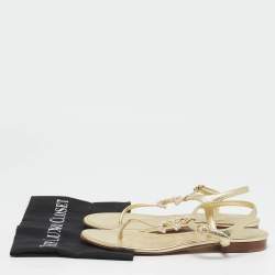 Chanel Gold Leather CC Pearl Embellished Flat Thong Sandals Size 39.5