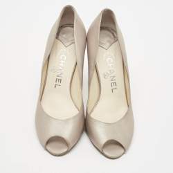 Chanel Grey Leather CC Peep Toe Pumps Size 37.5