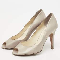 Chanel Grey Leather CC Peep Toe Pumps Size 37.5